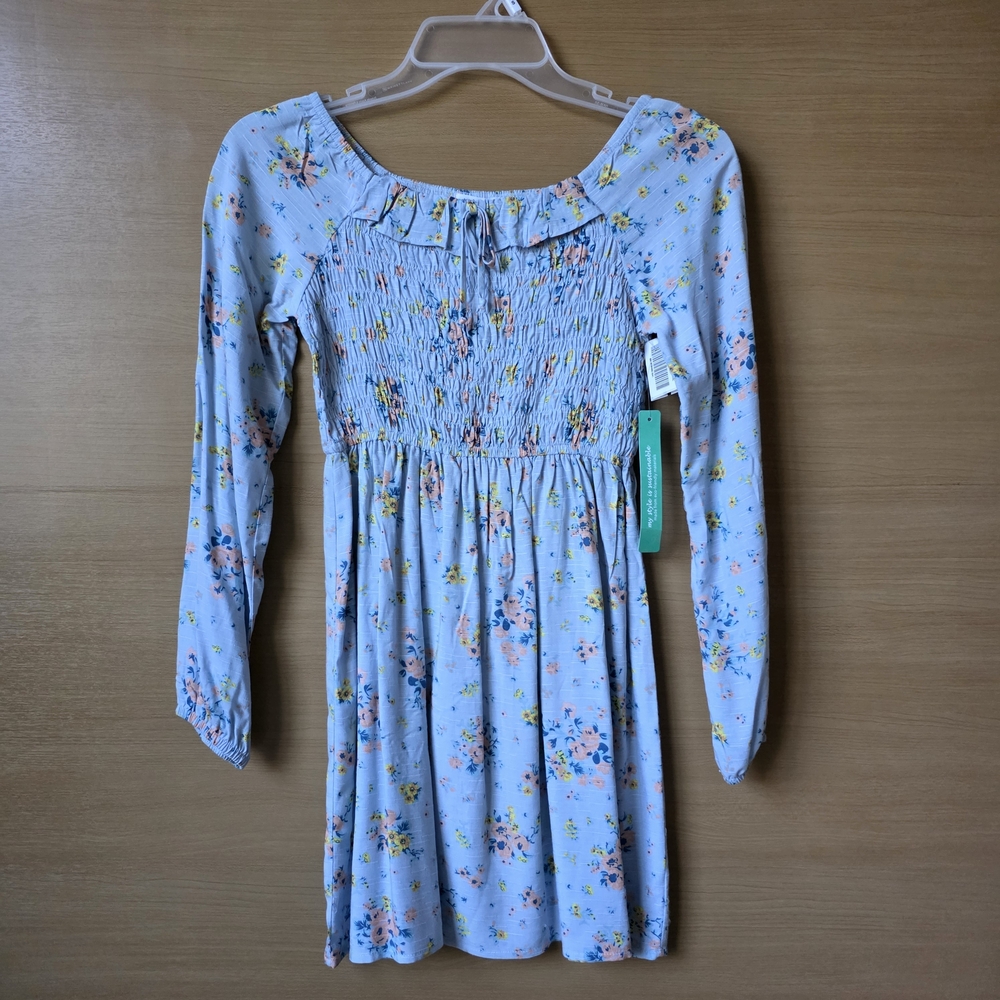 Girls Blue Floral Smocked Dress Size M (10/12) Long Sleeve